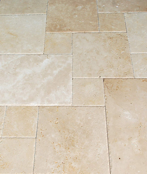 Ivory Travertine Brushed and Chiseled Versailles Pattern Tile (French Pattern)