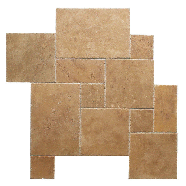 Noce Travertine Brushed and Chiseled Versailles Pattern Tile.