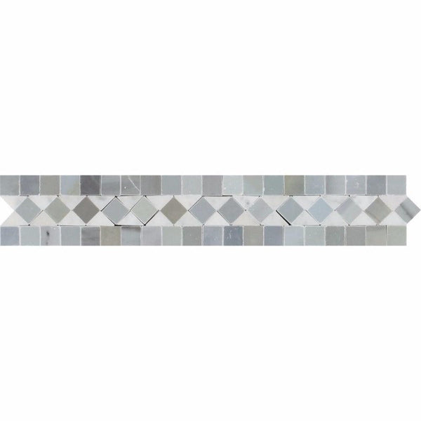 2x12 Honed Bianco Carrara Marble BIAS Border w/ Blue-Gray Dots.