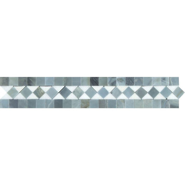 2x12 Honed Thassos White Marble BIAS Border w/ Blue-Gray Dots.