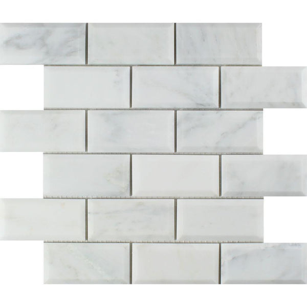 2x4 Polished Oriental White Marble Deep-Beveled Brick Mosaic Tile.