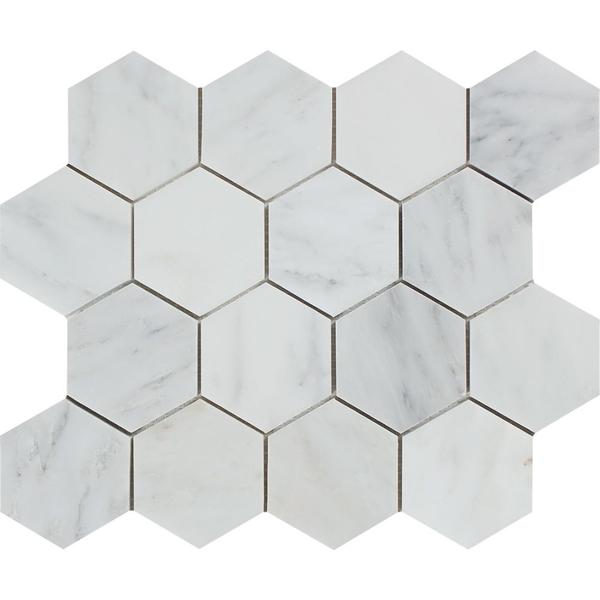3x3 Polished Oriental White Marble Hexagon Mosaic Tile.