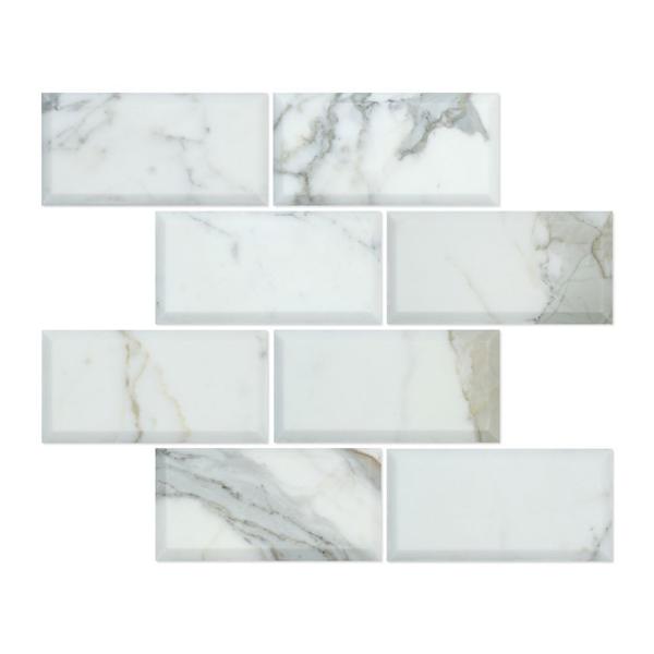 3x6 Deep-Beveled Polished Calacatta Gold Marble Tile.