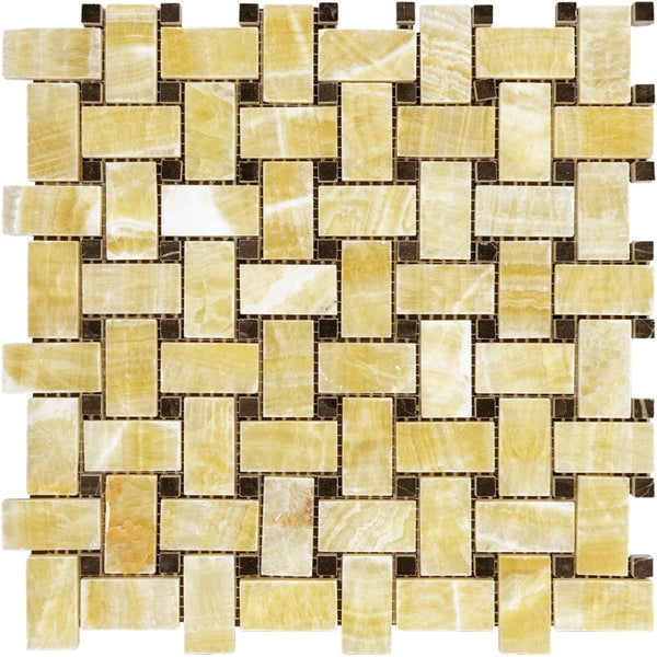Honey Onyx Basketweave w/ Black Dots Polished Mosaic Tile.