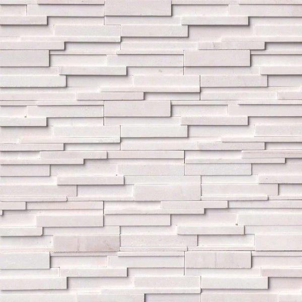 Arctic White Marble 6x24 3D Stacked Stone Ledger Panel.