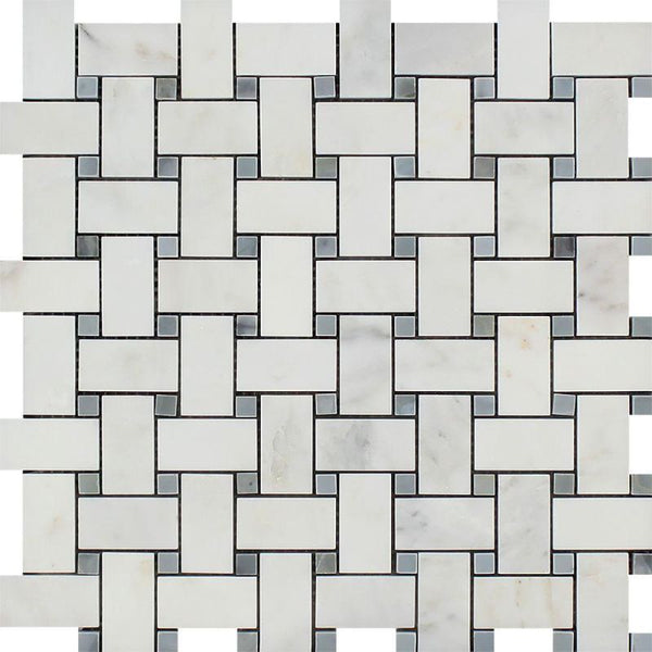 Asian Statuary (Oriental White) Marble Polished Basketweave with Blue Dots Mosaic Tile.