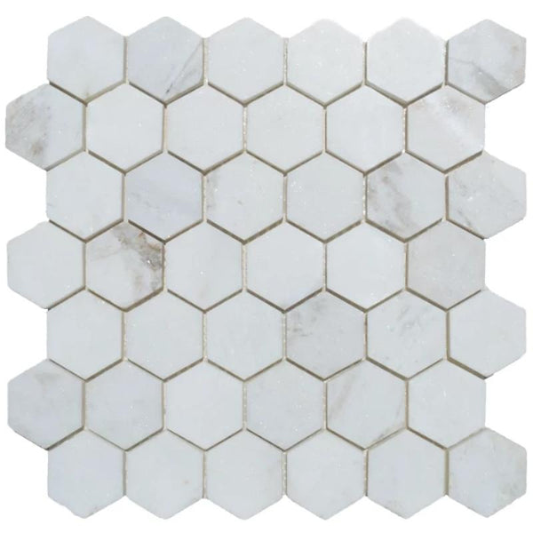 Calacatta Amber Marble 2x2 Hexagon Honed Mosaic Tile.