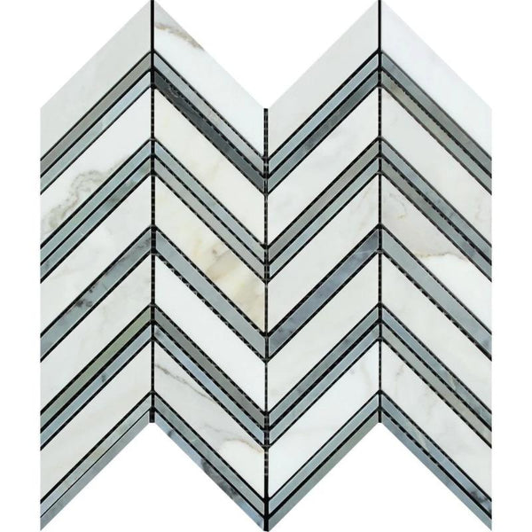 Calacatta Gold Marble Chevron with Blue Strips Polished Mosaic Tile.