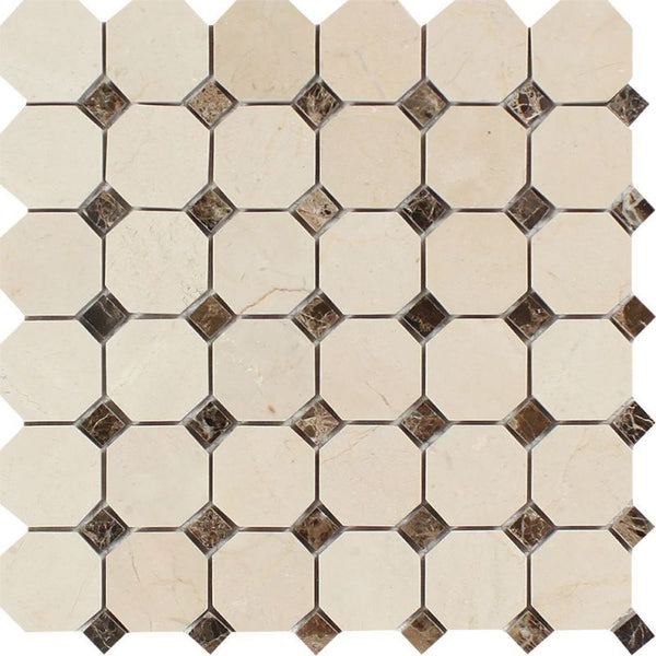 Crema Marfil Marble Octagon with Brown Dots Polished Mosaic Tile.