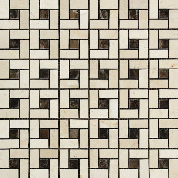 Crema Marfil Marble Pinwheel w/Brown dots Polished Mosaic Tile.