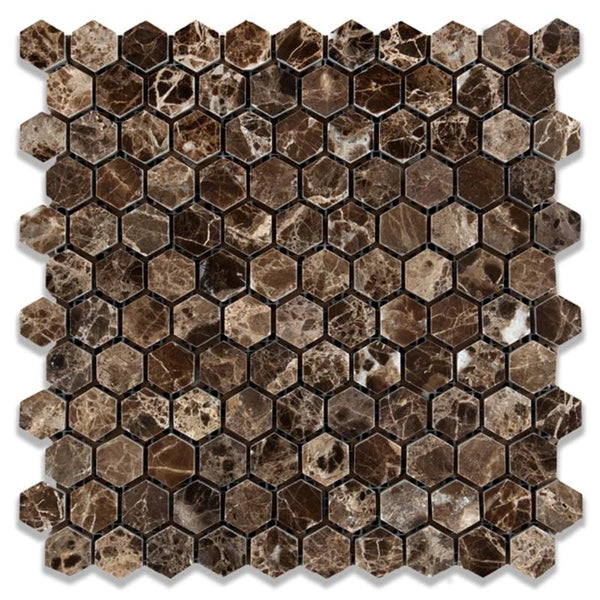 Emperador Dark Spanish Marble 1x1 Hexagon Polished Mosaic Tile.