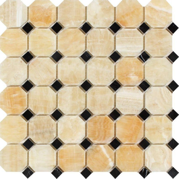 Honey Onyx Octagon with Black Dots Polished Mosaic Tile.