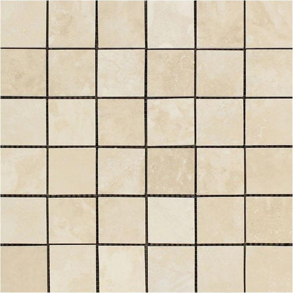 Ivory Travertine 2x2 Filled and Honed Mosaic Tile.