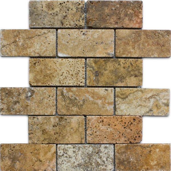 Scabos Travertine 2x4 Tumbled Mosaic Tile.