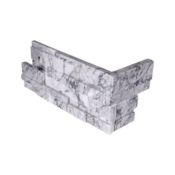 Statuario Marble 3D 6x18 Stacked Stone Ledger Corner.