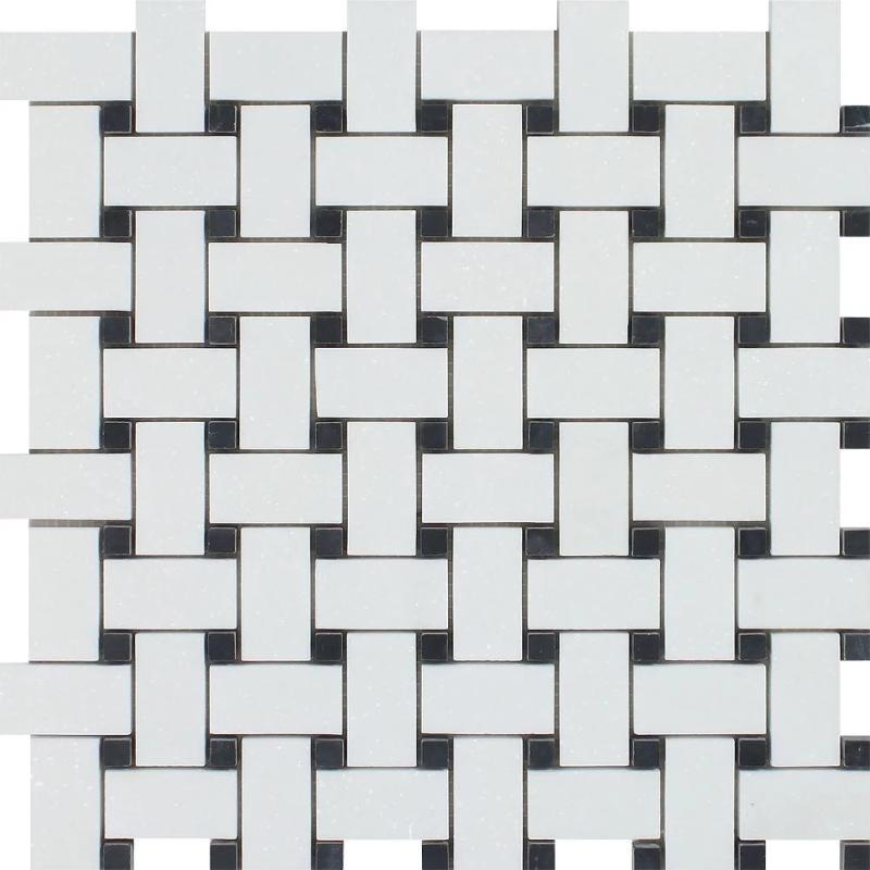 Thassos White Marble Polished Basketweave with Black Dots Mosaic Tile.