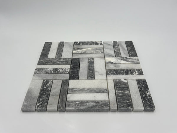 Bardiglio Marble with Thassos White Triple Stripe  Mosaic Tile