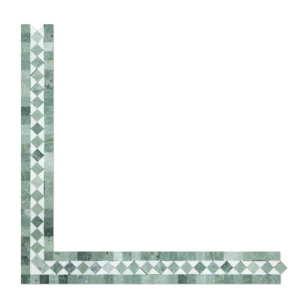 2x12 Polished Thassos White Marble BIAS Border w/ Ming Green Dots.