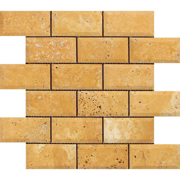 2x4 Honed Gold Travertine Deep-Beveled Brick Mosaic Tile.