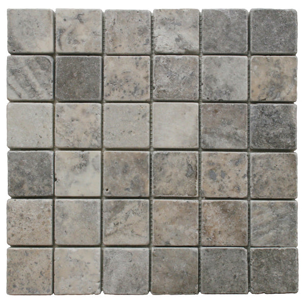 Silver Travertine 2x2 Tumbled Mosaic Tile.