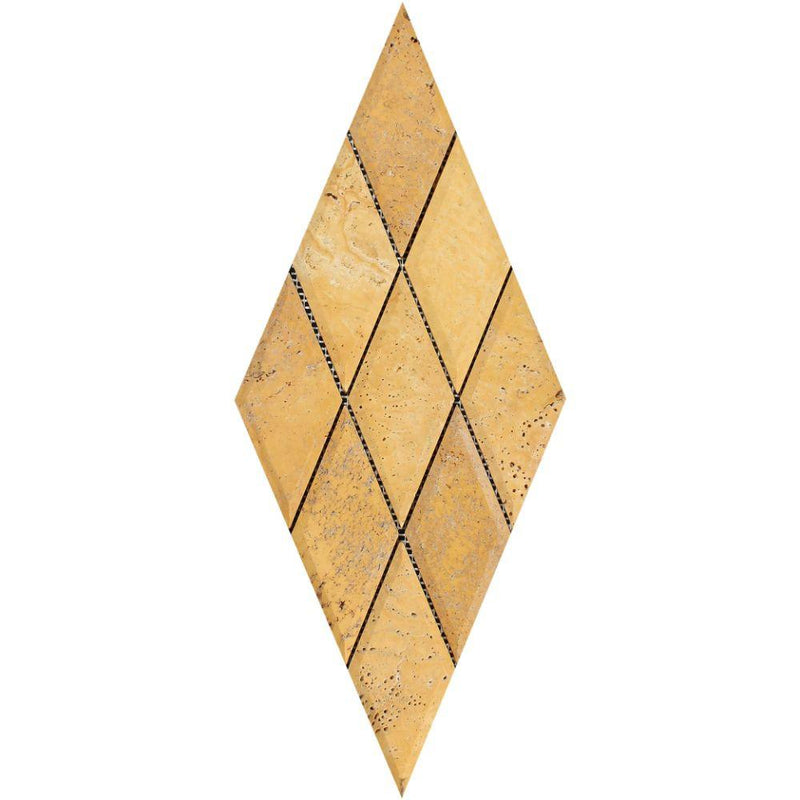 3x6 Honed Gold Travertine Deep-Beveled Diamond Mosaic Tile.