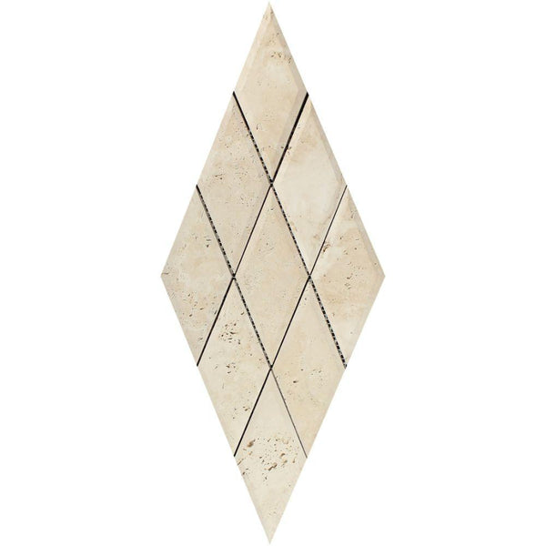 3x6 Honed Ivory Travertine Deep-Beveled Diamond Mosaic Tile.