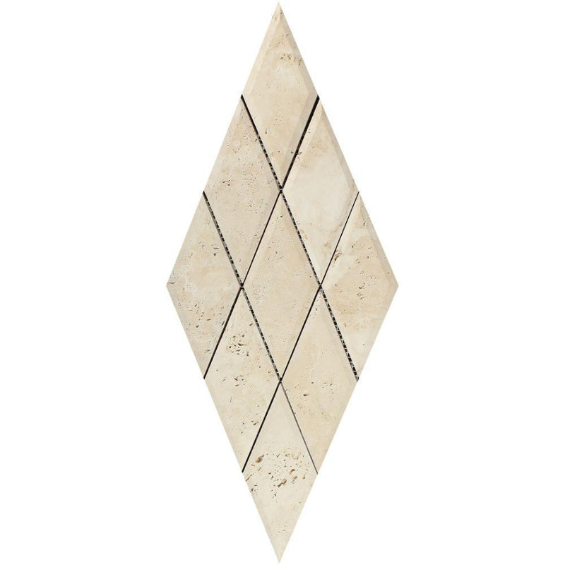 3x6 Honed Ivory Travertine Deep-Beveled Diamond Mosaic Tile.