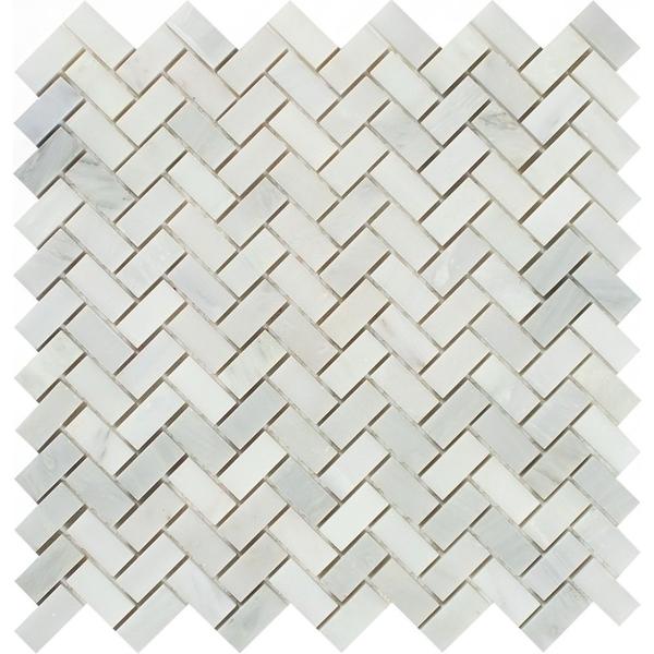 5/8x1 1/4 Polished Oriental White Marble Mini Herringbone Mosaic Tile.