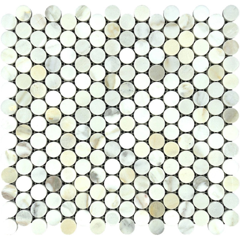 Calacatta Gold Marble Penny Round Polished Mosaic Tile.