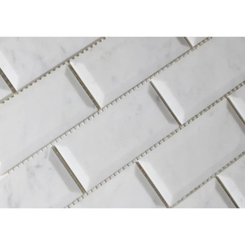 White Carrara Marble 2x4 Deep Beveled Polished Mosaic Tile.