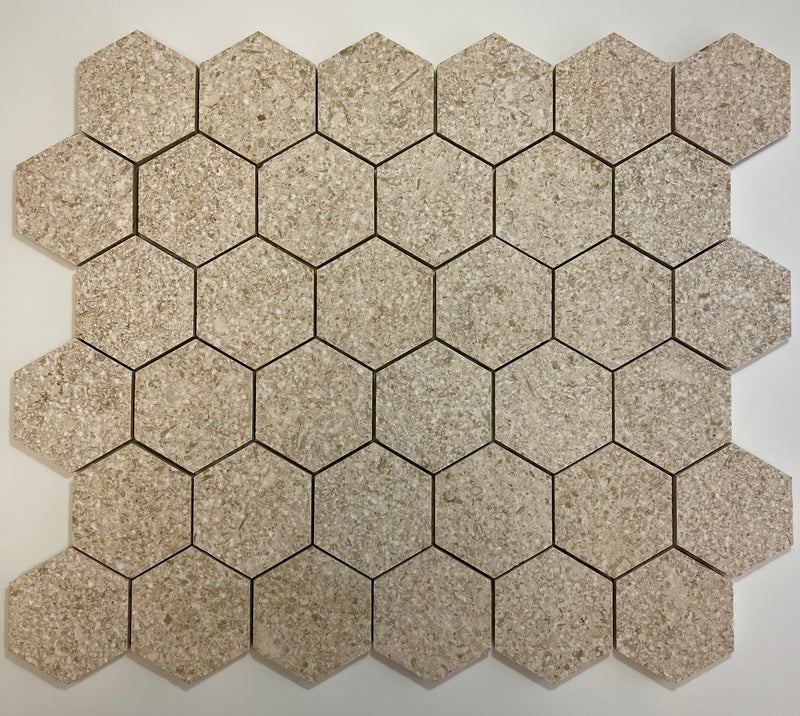Gascogne Beige 2x2 Hexagon Tumbled Limestone Mosaic Tile - Onlinetileshop.com