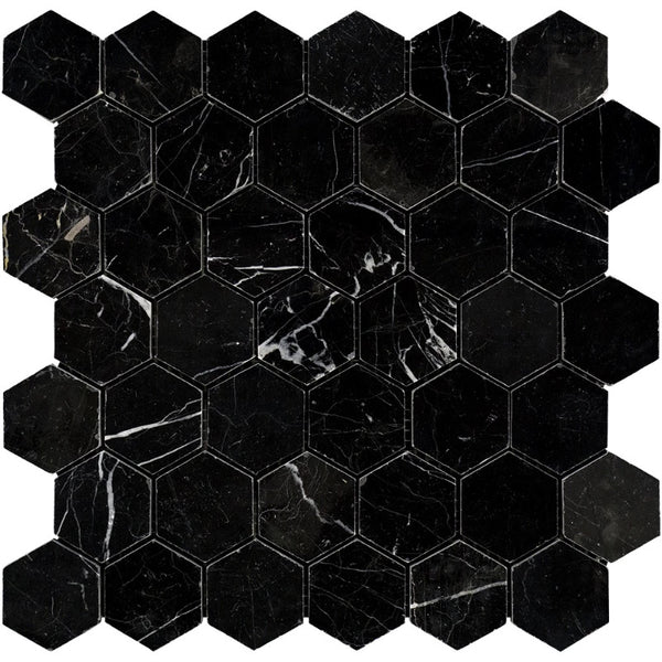 Nero Marquina Marble 2x2 Hexagon Polished Mosaic Tile.