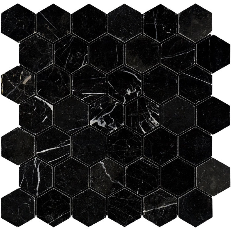 Nero Marquina Marble 2x2 Hexagon Honed Mosaic Tile.