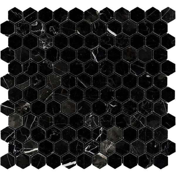 Nero Marquina Marble 1x1 Hexagon Polished Mosaic Tile.