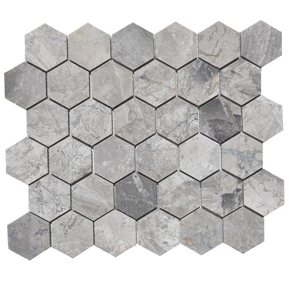 Atlantic Gray Marble 2x2 Polished Hexagon Mosaic Tile.