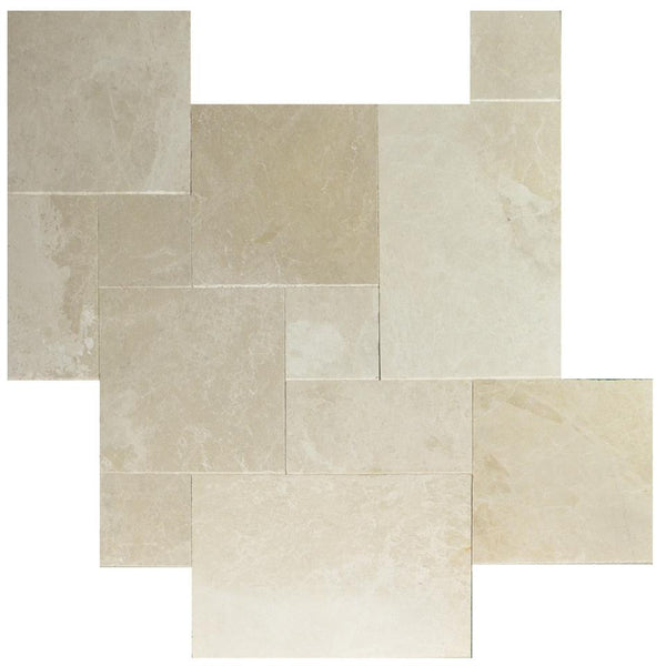 Botticino Beige Marble Brushed and Chiseled Versailles Pattern Tile.