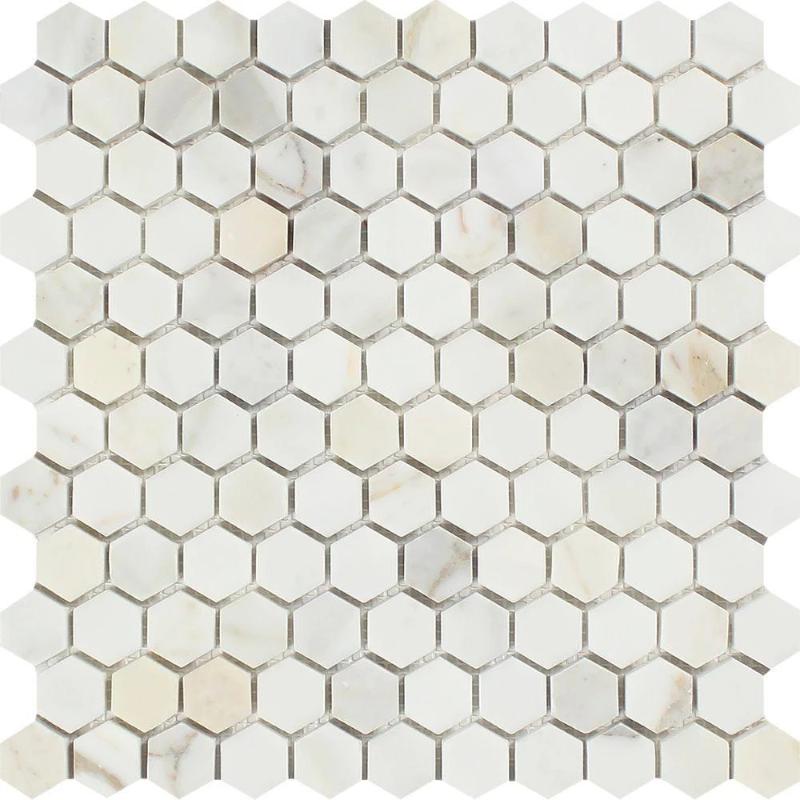 Calacatta Gold Marble 1x1 Hexagon Honed Mosaic Tile.