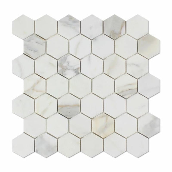 Calacatta Gold Marble 2x2 Hexagon Honed Mosaic Tile.