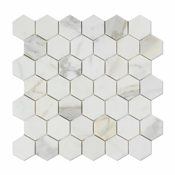Calacatta Gold Marble 2x2 Hexagon Polished Mosaic Tile.