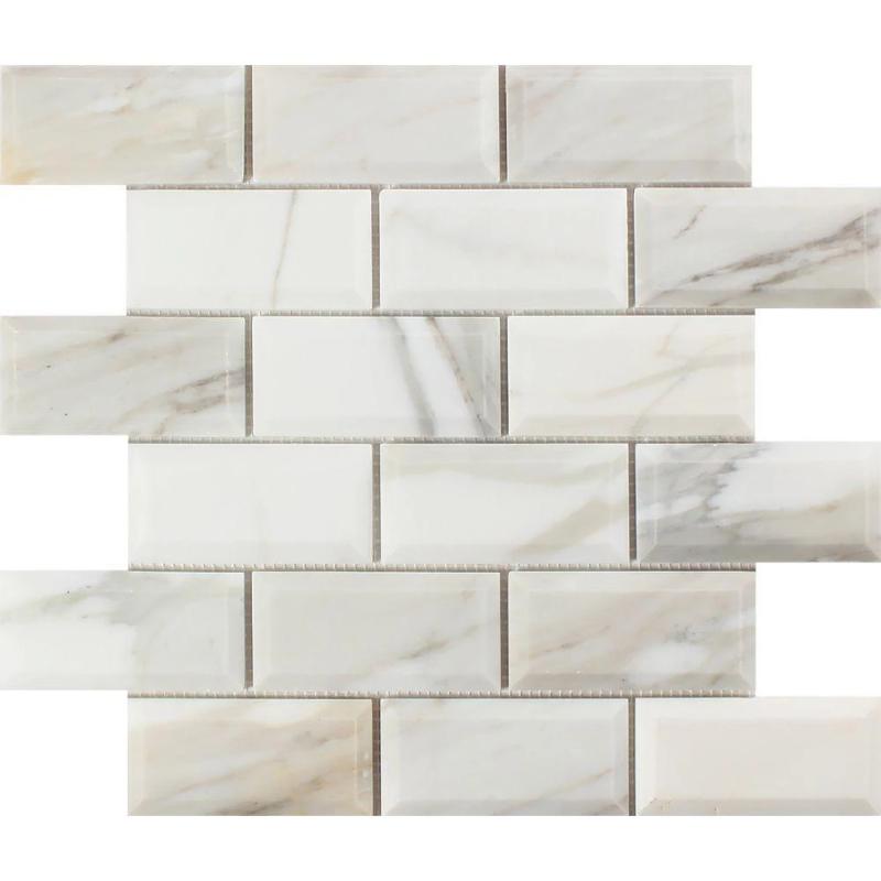 Calacatta Gold Marble 2x4 Deep Beveled Honed Mosaic Tile.