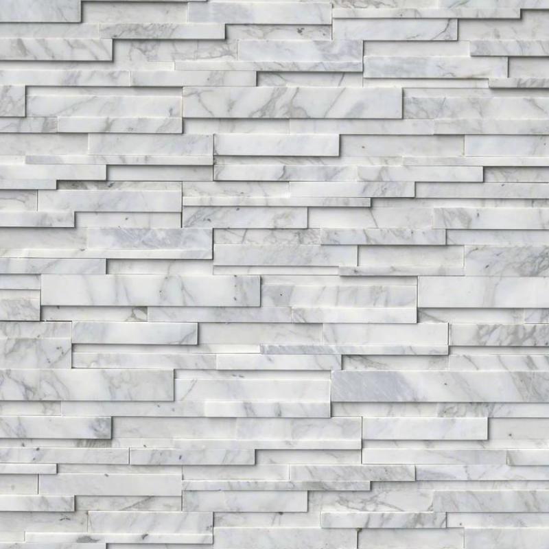Calacatta Gold Marble 3D 6x24 Stacked Stone Ledger Panel.