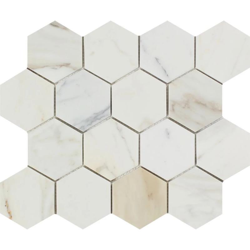 Calacatta Gold Marble 3x3 Hexagon Honed Mosaic Tile.