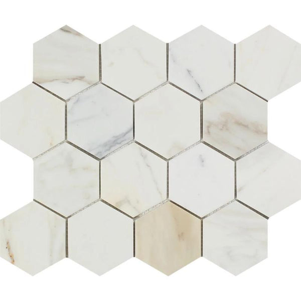 Calacatta Gold Marble 3x3 Hexagon Polished Mosaic Tile.