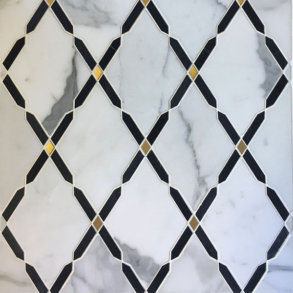 Calacatta Gold Nero Marquina Marble Brass Polished Mosaic Tile.
