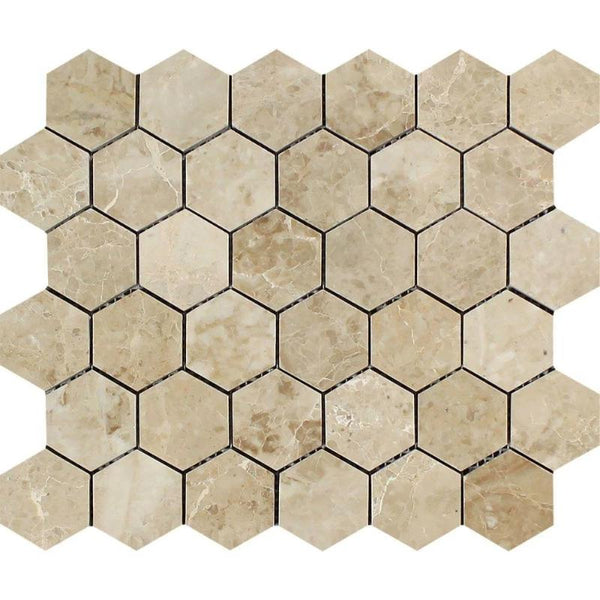Cappuccino Marble 2x2 Hexagon Polished Mosaic Tile.