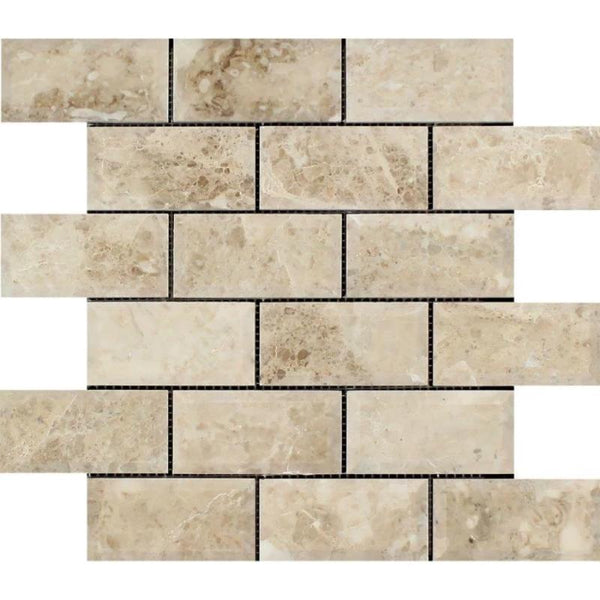 Cappuccino Marble 2x4 Polished Deep-Beveled Mosaic Tile.