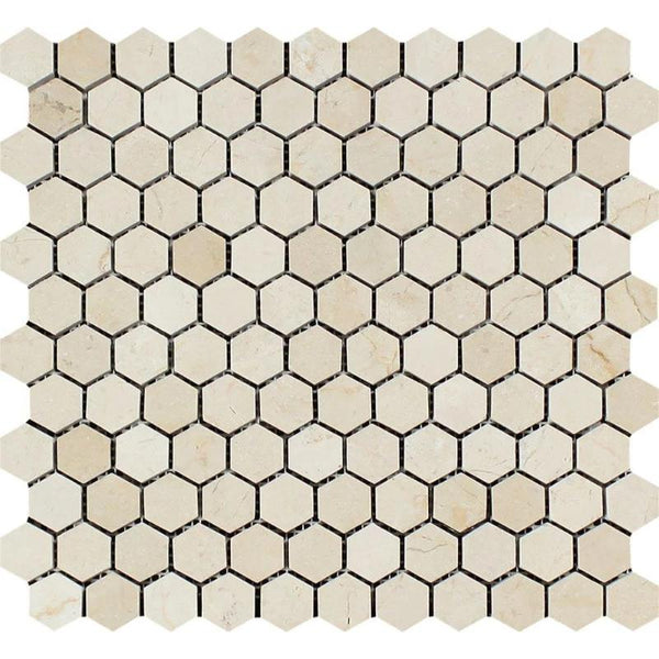 Crema Marfil Marble 1x1 Hexagon Honed Mosaic Tile.
