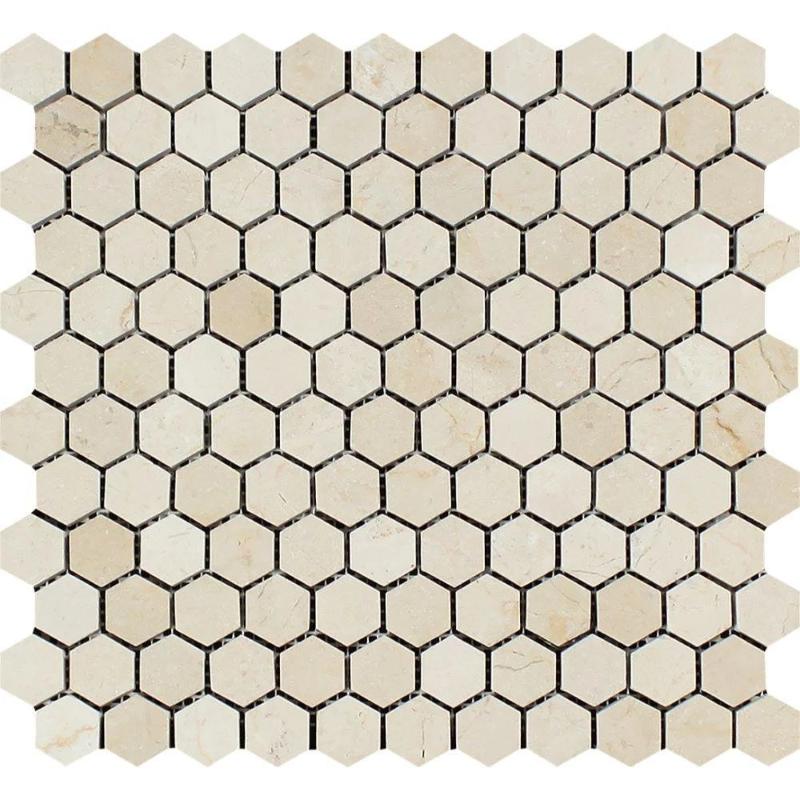 Crema Marfil Marble 1x1 Hexagon Polished Mosaic Tile.