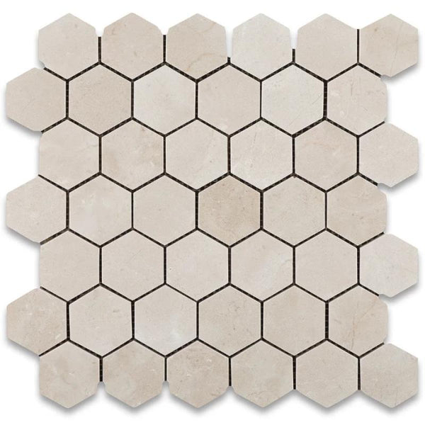 Crema Marfil Marble 2x2 Hexagon Honed Mosaic Mosaic Tile.