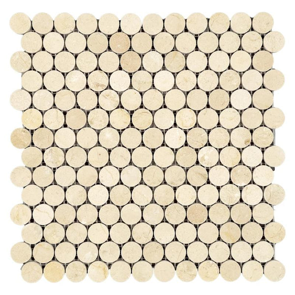 Crema Marfil Marble Penny Round Polished Mosaic Tile.